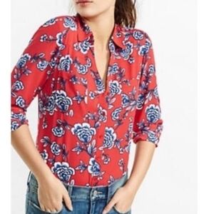 Express Red Blouse with Blue Floral Design